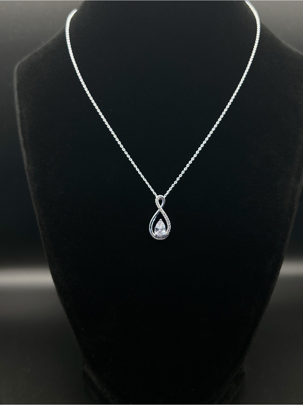 Silver Tone Infinity Teardrop Necklace, Pear Cut Sparkling Crystal Pendant